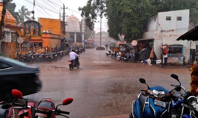 Drainage water flowed on the road due to the rain