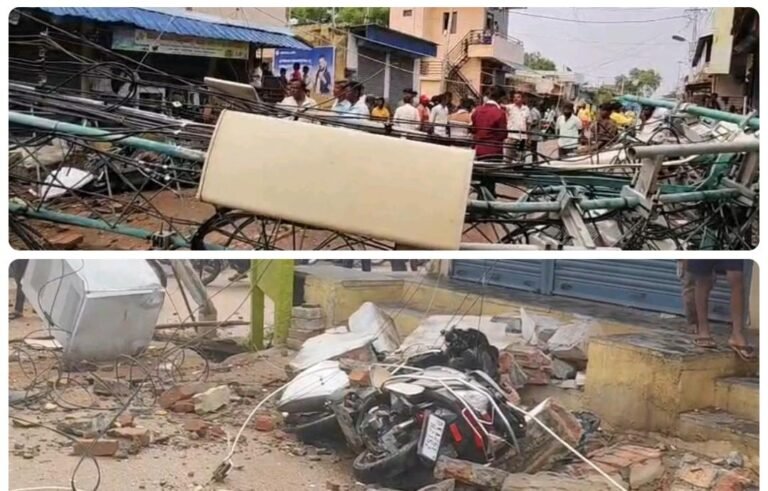 ಭೀಕರ ಗಾಳಿ ಅಬ್ಬರಕ್ಕೆ ಧರೆಗುರುಳಿದ ಮೊಬೈಲ್ ಟವರ್: ಹಲವು ಬೈಕ್‌ಗಳು ಜಖಂ, ತಪ್ಪಿದ ದುರಂತ; ಪುರಸಭೆ ವಿರುದ್ಧ ಆಕ್ರೋಶ!!