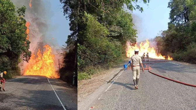 ಕಾರವಾರ| ಪೆಟ್ರೋಲ್ ಸಾಗಿಸುತ್ತಿದ್ದ ಟ್ಯಾಂಕರ್‌ಗೆ ಏಕಾಏಕಿ ಬೆಂಕಿ, ಅರಣ್ಯಕ್ಕೂ ವ್ಯಾಪಿಸಿದ ಜ್ವಾಲೆ!