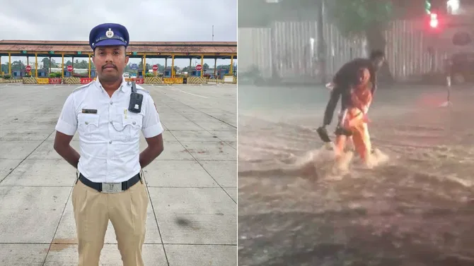 ಮಳೆಯಲ್ಲೂ ಮಾನವೀಯತೆ ಮೆರೆದ ಖಾಕಿ: ಹೆಗಲ ಮೇಲೆ ವಿಕಲಚೇತನನ್ನು ಹೊತ್ತು ರಸ್ತೆ ದಾಟಿಸಿದ ಪೊಲೀಸ್!