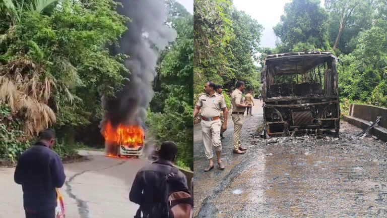 ಶಾರ್ಟ್ ಸರ್ಕ್ಯೂಟ್‌ಗೆ ಖಾಸಗಿ ಬಸ್ ಭಸ್ಮ: ಚಾಲಕನ ಸಮಯಪ್ರಜ್ಞೆಯಿಂದ ತಪ್ಪಿದ ಭಾರಿ ದುರಂತ