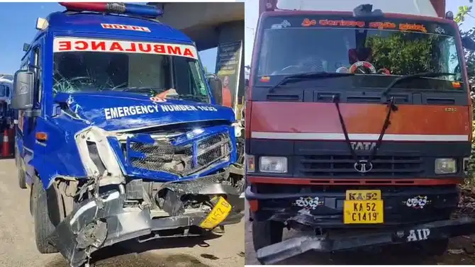ರೋಗಿ ಕರೆದೊಯ್ಯುತ್ತಿದ್ದ ಆ್ಯಂಬುಲೆನ್ಸ್‌ಗೆ ಕ್ಯಾಂಟರ್ ಡಿಕ್ಕಿ! ತಪ್ಪಿದ ಭಾರೀ ದುರಂತ