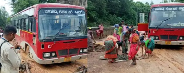 ಭಾರೀ ಮಳೆಗೆ ನರಕದಂತಾದ ಬೆಳಗಾವಿ-ಗೋವಾ ಹೆದ್ದಾರಿ: ಬಸ್ ಸಿಲುಕಿ ಪ್ರಯಾಣಿಕರ ಪರದಾಟ