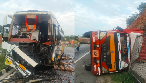 ಬೆಂಗಳೂರು-ಮೈಸೂರು ಎಕ್ಸ್ ಪ್ರೆಸ್ ವೇನಲ್ಲಿ ಭೀಕರ ಅಪಘಾತ: ಕಂಟೇನರ್ʼಗೆ ಡಿಕ್ಕಿ ಹೊಡೆದ ಖಾಸಗಿ ಬಸ್, ಲಾರಿ ಪಲ್ಟಿ