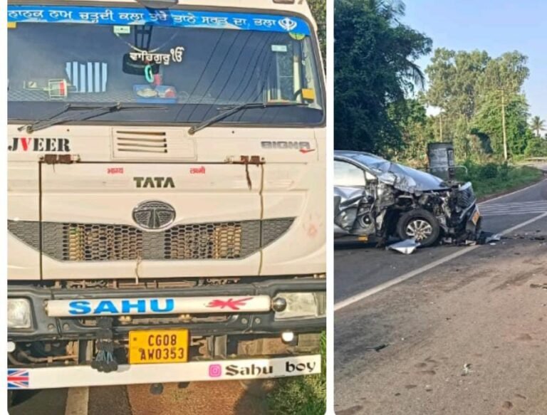 ಚೆನ್ನದೇವಿ ಅಗ್ರಹಾರ ಬಳಿ ಭೀಕರ ಅಪಘಾತ; ಲಾರಿ ಡಿಕ್ಕಿಗೆ ಕಾರಿನ ಮುಂಭಾಗ ನಜ್ಜುಗುಜ್ಜು!