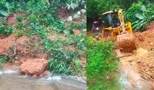 ಗುಡ್ಡ ಕುಸಿತದಿಂದ ಗ್ರಾಮಸ್ಥರಲ್ಲಿ ಆತಂಕ; ಮಡಿಕೇರಿ ಕರೀಕೆ ಗ್ರಾಮದಲ್ಲಿ ರಸ್ತೆ ಬಂದ್, ಜೆಸಿಬಿಯಿಂದ ತೆರವು ಕಾರ್ಯಾಚರಣೆ